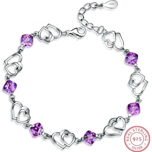 Bracelets For Women Jewelry 925 Sterling Silver Natural Purple Amethyst Double Love Heart Wedding Engagement Christmas Gift