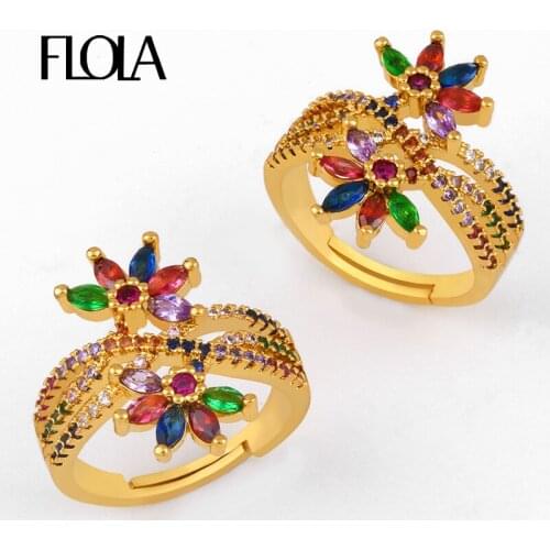 FLOLA CZ Rainbow Zircon Flower Cuff Open Rings For Women Knuckle Crystal Adjustable Ring Finger Gold Filled Women Jewelry righ99