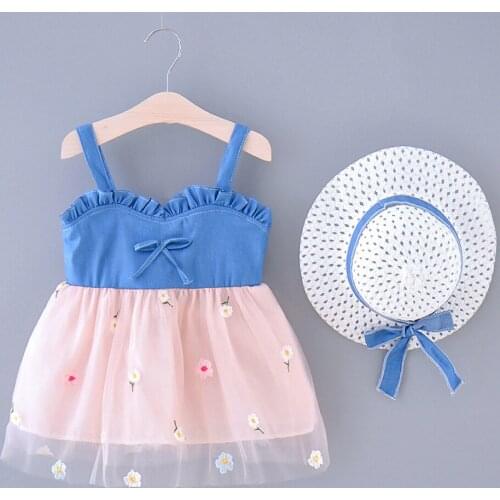 Summer Baby Clothing Set Girl Sleeveless Cotton Mesh Floral Printing Patchwork Daily Party A-line Vest Dresses Hat Fashion Suit