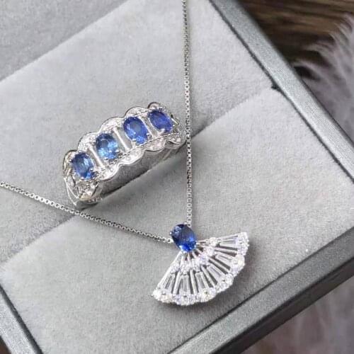 925 Silver Jewelry set Natural Sapphire Pendant Ring sets Women Jewelry
