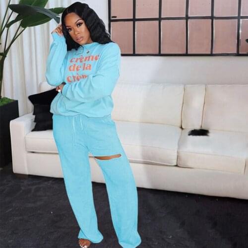 TNNAOFF Fall Letter Print Two Piece Tracksuits Women Set Long Sleeve Crop Top Sexy Hole Straight Pants Lounge Wear Matching Sets