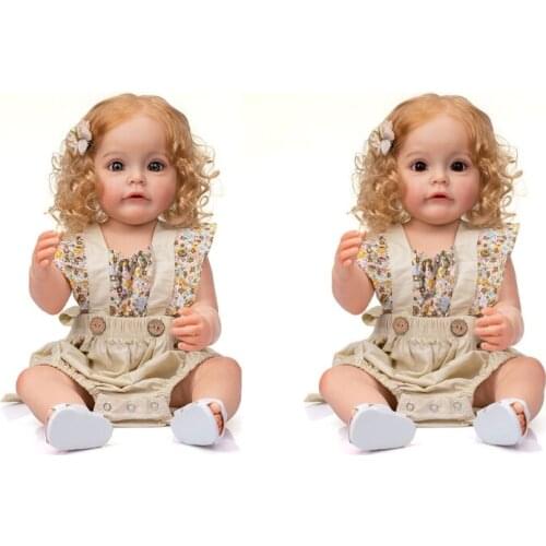 55cm/21in Cutie Girl Doll with Blonde Curly Hair Brown/Blue Eyes-Open Lifelike Caucasian Reborns for Toddlers Dollhouse
