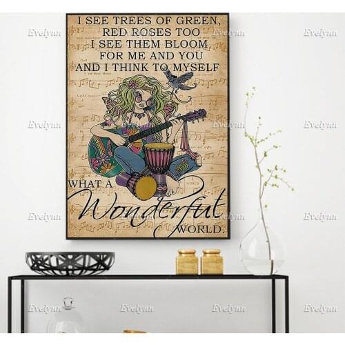 Music Sheet Wonderful World Guitar Hippie Vintage Poster/ Wall Art Prints Home Decor Canvas Unique Gift Floating Frame