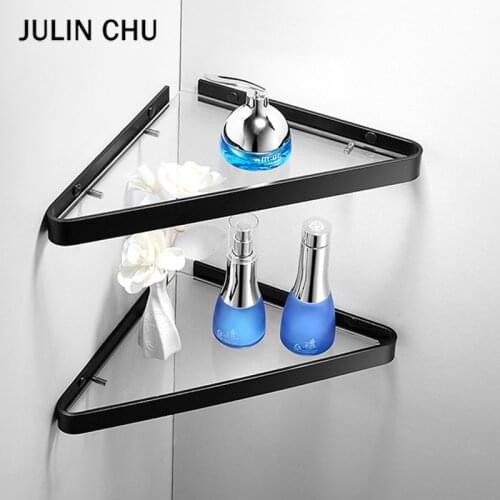 Space Aluminum Bathroom Triangle Shelf Black Sliver Organizer Shower Shampoo Storage Corner Rack Kitchen Bathroom Glass Shleves