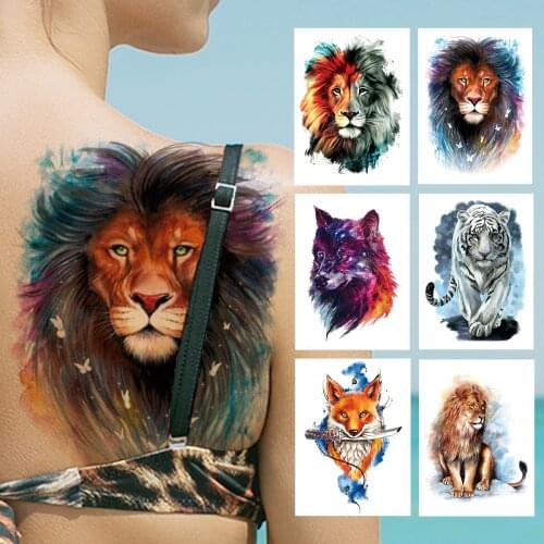 Realistic Lion Temporary Tattoos For Women Men Adult Fox Wolf Leopard Tattoo Sticker Watercolor Animal Fake Washable Tatoos Back