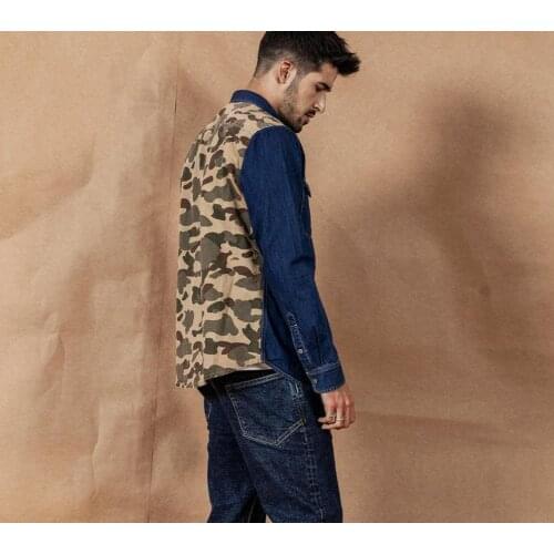 Spring winter new camouflage paneled denim shirt men Patckwork contrast color Military hip hop cotton shirts