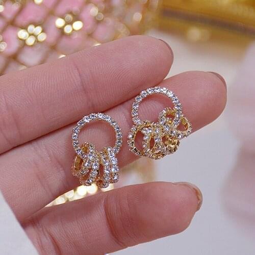 Korean hot fashion jewelry 14K real gold electroplated copper inlaid CZ zircon earrings elegant simple round womens earrings