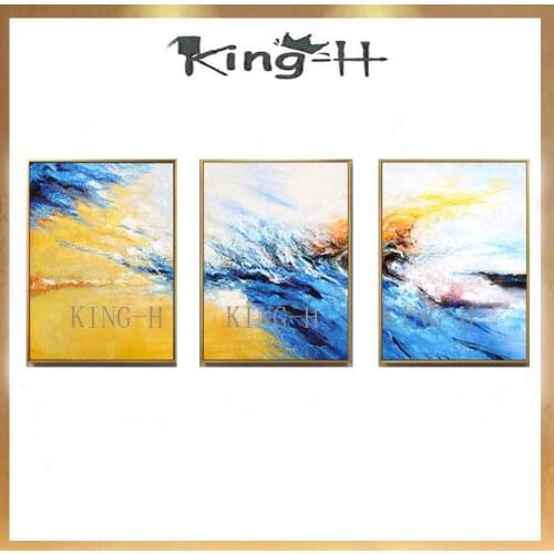 Modern hand painted Wall art Picture Abstract Oil Painting 3p blue and yellow line On Canvas Home Decor for living room no frame