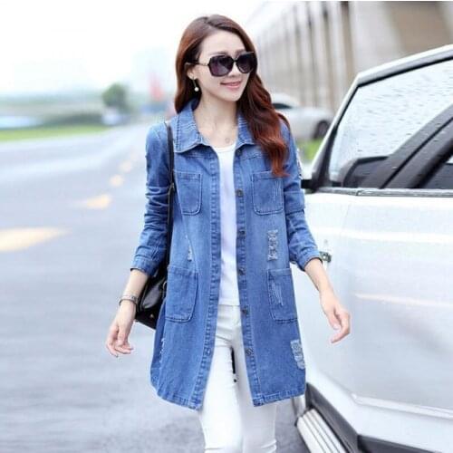 Women Jeans Jacket Long Denim Coat Hole Ripped Denim Jacket Femme Elegant Vintage jean Jackets Outwear Casacos Feminino