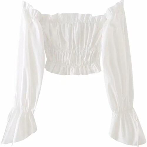 Women Vintage Sexy White Slash Neck Elasticity Shirt Puff Sleeve Lrregular Cuffs Spring Chic Female Shirt Top