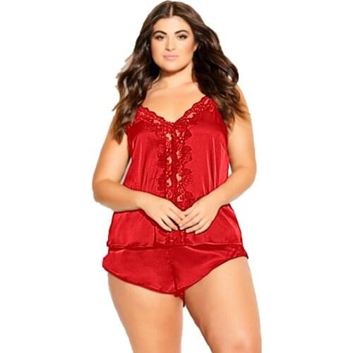 Womens Sleepwear Sexy Satin Pajama Set Red/Black Plus Size Satin Cami Shorts Set Lace V-Neck Pyjamas Sleeveless Cute Cami Top