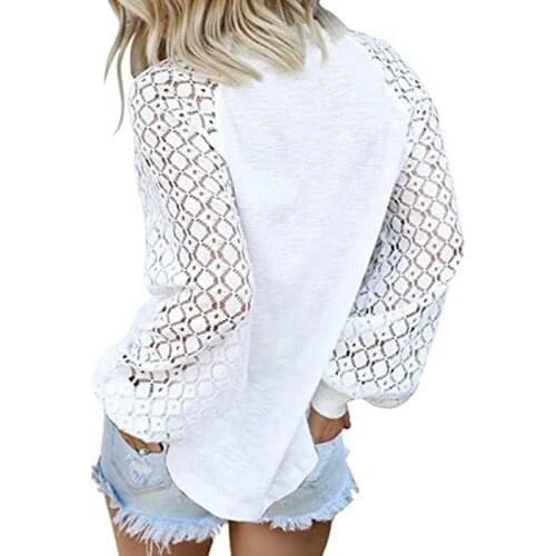 Women O-neck Lace Hollow Out Patchwork Long Sleeve White Ladies 2020 Summer Casual Solid Female Tops