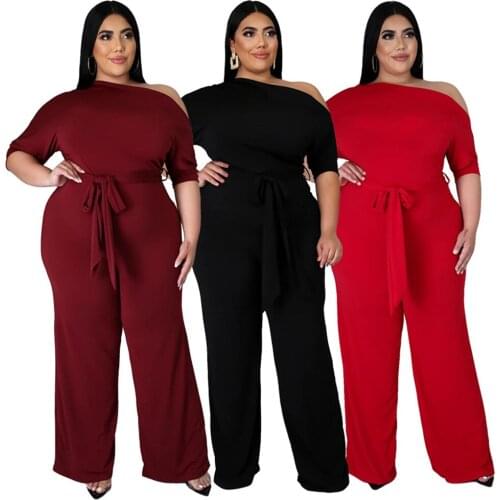 Ladies Plus Size Two-Piece Fashion Solid Color Oblique Shoulder Jumpsuit Casual Temperament Office Wide-Leg PantsXL-5XL