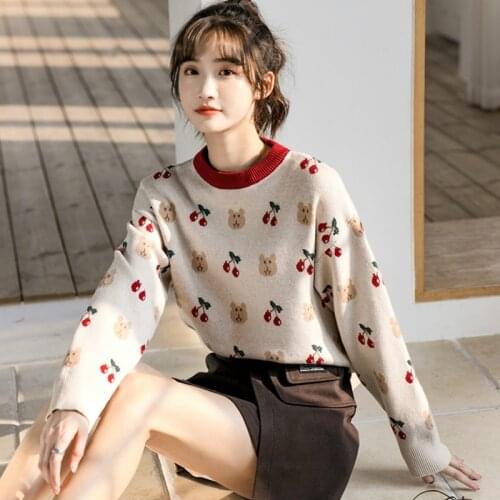 Cherry Jacquard Harajuku Knit Pullover Women Sweater 2021 Winter Warm Full Sleeve O-neck Sweet Style Female Jumpers Soft Tops