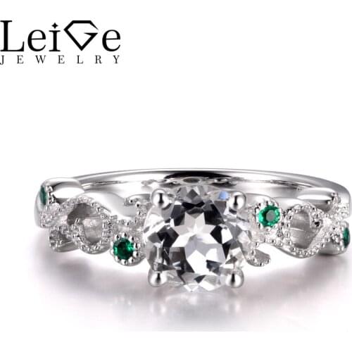 LeiGe Jewelry Natural White Topaz Rings Cocktail Party Rings Round Shape Rings November Birthstone 925 Sterling Silver for Her