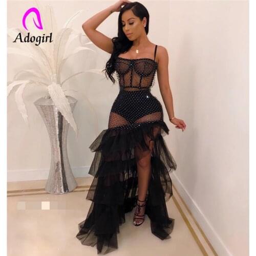 Adogirl Sexy Lace Hollow Out Ruffles Black Ball Gowns Drilled Split Long Dress Sequin Diamond Women Party Club Dress Vestido