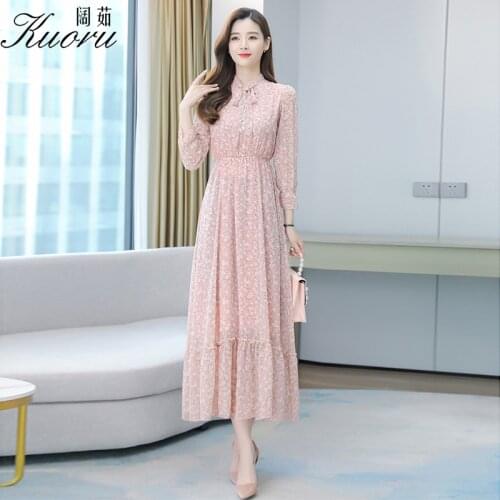 Blue Chiffon Casual Dresses For Women 2021 Pink Autumn Floral Long Sleeve Dress Size M-4XL Spring Vestido Maxi Robe Femme Chic
