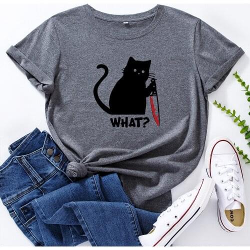 2021 Summer Cotton Women Graphic T Shirt Funny Cat Print Short Sleeve Tee Tops Casual O-Neck Female Oversized TShirt