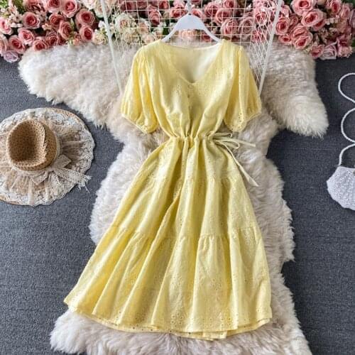 2021 Lady Solid color Elegant Party Dresses Women V-neck Hollow Out A-line Summer Dress Drawstring Puff Sleeve Ruffle Vestidos