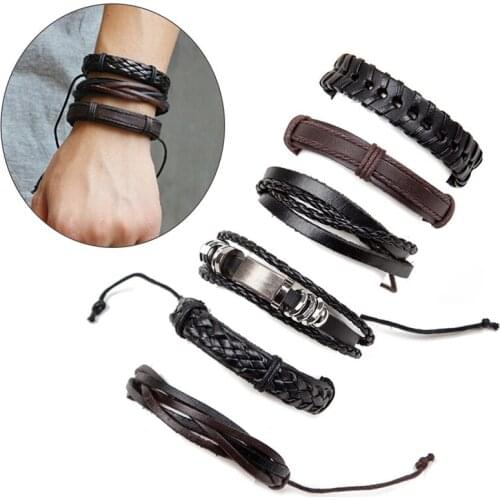 6pcs Vintage Men Bracelet Multilayer Leather Rope Handmade Rope Wrap Gift Bracelets & Bangles Male Wax Rope Braided Bracelet