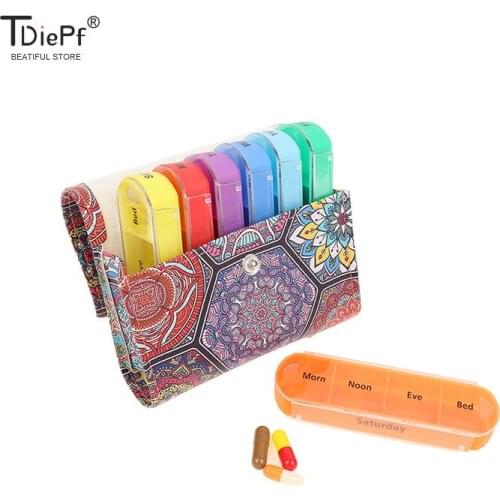 7Day Pill Boxes Remedy Organizer Case Ethnic Style Weekly Medicine Organizer PU Medicine Splitter Container Vitamin Case