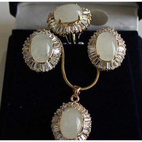 Free Shipping Hot! Jewelry White Opal Beads Pendant Earring Zircon Ring Set AAA style 100% Natural Noble Fine jewe