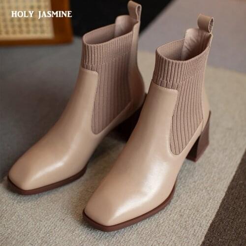 Chelsea Ankle Boots Women Cow Leather Boot Square Toe Shoes Female Fashion Party 6cm High Heels Shoes Ladies 2021 Autumn New