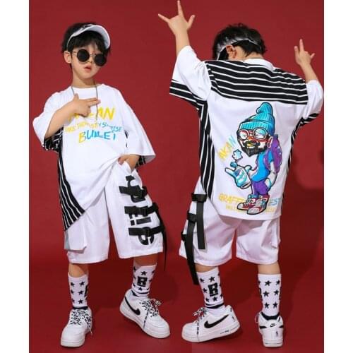 White Jazz Dance Costume Kids Hip Hop Practice Wear Street Dance Printing Stage Performance Clothing Hiphop Rave Clothes