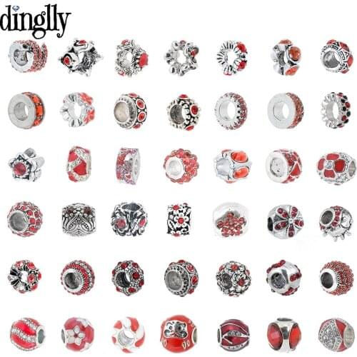 Dinglly Red Rhinestone Round Bead Fine Charm For Original Womens Bracelets & Necklace Handmade Jewelry Accessories Beaded
