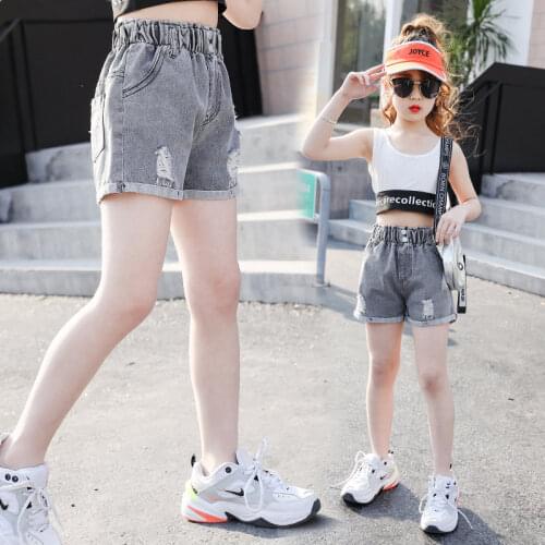 Teenager Kids Shorts Ripped Hole High Waist Elastic Children Denim New Fashion Jeans Summer Girls Casual Short Pants 10 12 14Yrs