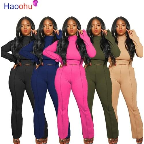 HAOOHU Activewear Patchwork Women Set Turtleneck Crop Tops Flare Pants Matching Set High Street Tracksuit Two 2Piece Set Outfit
