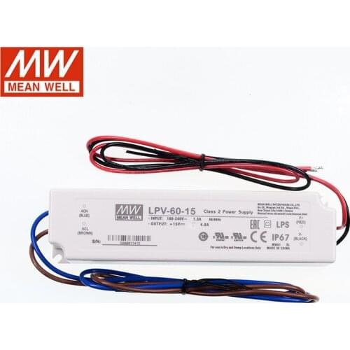 LPV-60-15 MEAN WELL LED driver 110/220VAC to 15V DC 4A 60W waterproof IP67 Constant Voltage LED Switching Power Supply