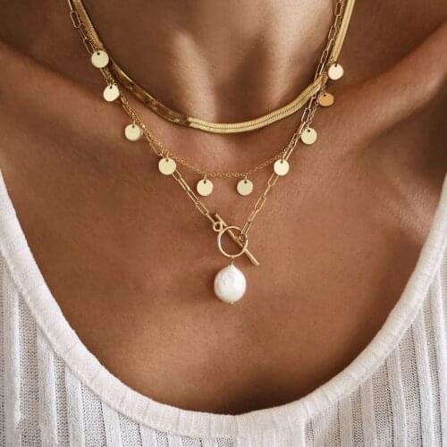 Trendy Jewelry Chain Necklace Popular Style Three Layers Metal Small Round Simulated Pearl Drop Necklace For Women