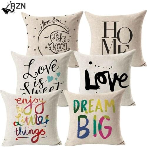 RZN Letter Alphabet Printed Cotton Linen Love Cushion Cover Throw Pillow Car Home Sofa Bed Living Room Decorative Pillowcase