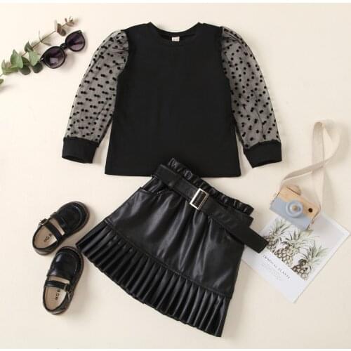 2PCS Toddler Baby Girl Autumn Clothes Mesh Long Sleeve Crew Neck Shirt Tops + Black Belted Leather Skirt Set for 2-7 Years Girls