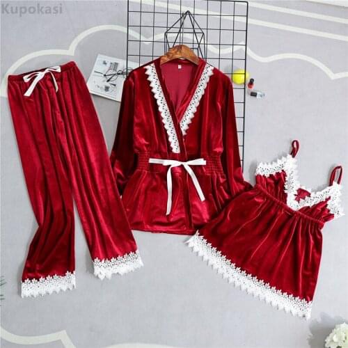 Kupokasi Fashion Velvet 3 Pieces Warm Pajamas For Women Sexy Lace Sling Pyjama Set Winter Sleepwear Long Sleeves Nightwear robe