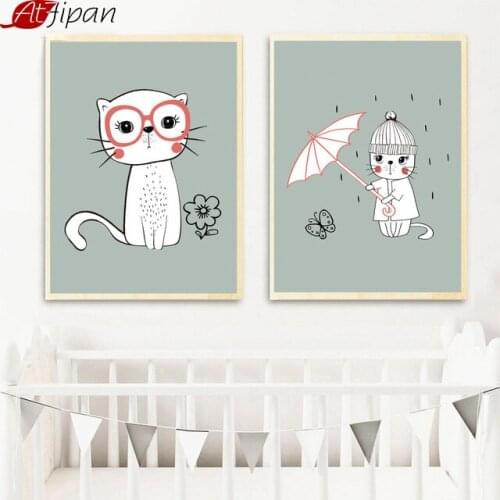 Atfipan Nordic Style Cat Umbrella Posters Animals Wall Art Canvas Painting Pictures For Kids Room Animals Decoration Frameworks