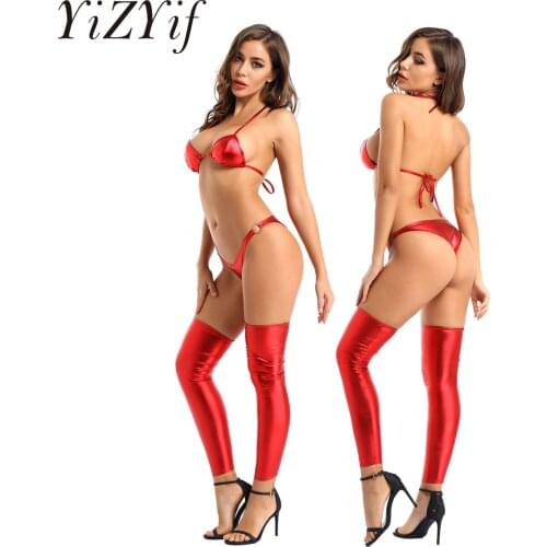 Sexy Womens Lingerie Set Moto Pole Dancing Costume Clubwear Shiny Metallic Patent Leather Bikini Bra Briefs with Leg Sleeve
