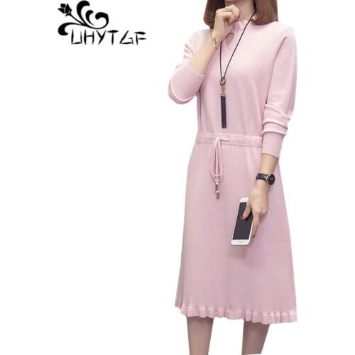 UHYTGF Knitted Sweater Dress lace-up casual autumn dress crew neck Long sleeve Womens elegant Sweater Dresses 4XL Plus Size 1204
