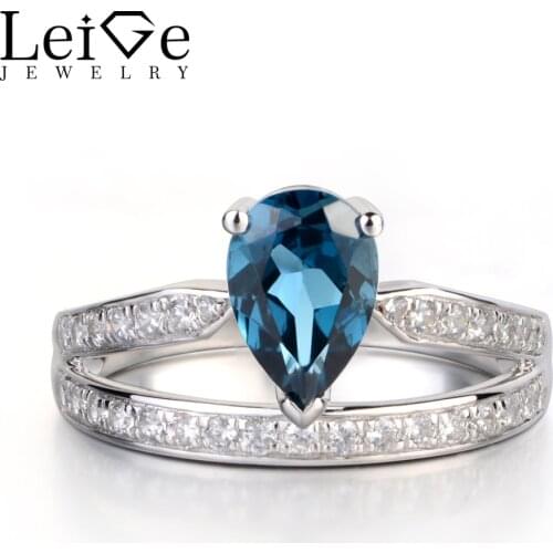 Leige Jewelry London Blue Topaz Ring Sterling Silver 925 Fine Jewelry Pear Cut Engagement Promise Rings for Women Blue Gemstone