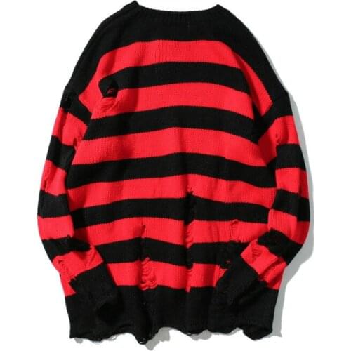 2019 Hole Fashion Pullovers Spring Euro-America High Street Black Red Stripe Knitted Sweater Men Pattern Streetwear