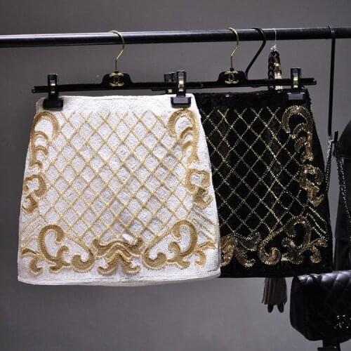 Cakucool Women new Vintage Sequined Mini Plaided skirt Bodycon Black white bling Embroid Floral hippie skirt Summer jupe sequin