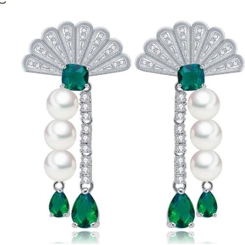 Zlxgirl jewelry green water drop cubic zircon fan stud earrings jewelry for women gifts Nice pearl ears piercing earring