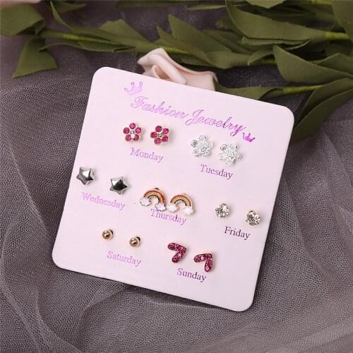 7 Pairs/set One Week Earrings for Women Stars Crystal Heart Earring Monday To Sunday Korean Fashion Stud Earrings Jewelry