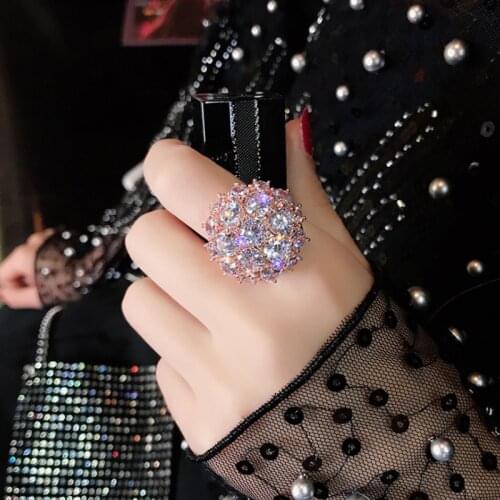 New Luxury Full White Rose Gold Crystal Round Shiny Zircon Ring Charm Party Engagement Jewelry Finger Rings Gift For Women Girls