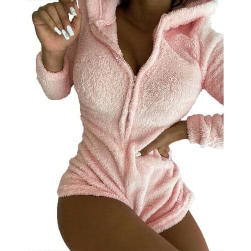 Winter Women Sleepwear Bodysuit Fluffy Fleece Romper Women Clothing Long Sleeve Hooded Romper Pajamas Casual Zipper Onies