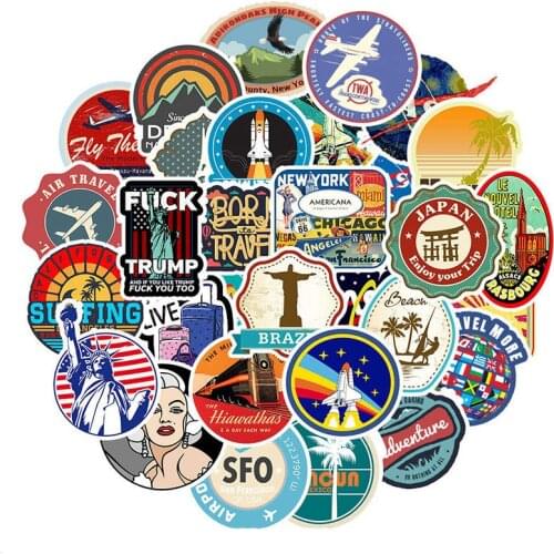 50 PCS Retro Travel Stickers Space Plane Sticker Waterproof DIY For Skateboard luggage Journey Scenery Graffiti Toy Stickers