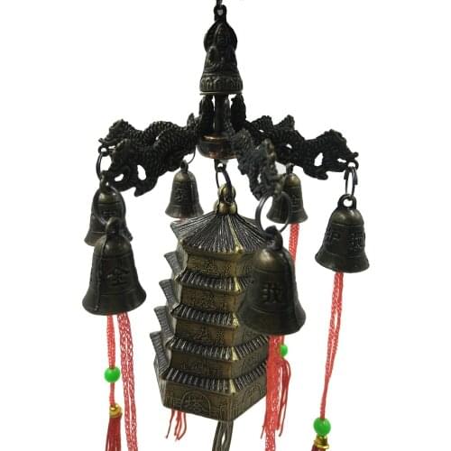 ANGRLY 33cm Six Dragon Towers Feng Shui Bronze Bell Copper Bells Safe Clock Transfer Evil Spirits Lucky Security Pendant Mascot