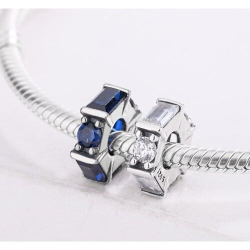 For Pandora 925 Sterling Silver Sculpture Spacer Blue And White Crystal Bead Jewelry Metal Tube Spacer Beads DIY Jewelry Making