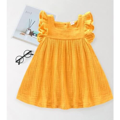 Girls Baby Dress Infants Solid Cotton Summer Square Collar Fly Sleeve Ruffle Splicing Tutu Dress Streetwear Clothes 0-3T